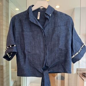 Adam Selman denim crop top with pearl detail